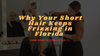 Stylist blow-drying a client’s short blonde hair inside LAHH Salon in Bay Harbor Islands, Florida, with text overlay that reads “Why Your Short Hair Keeps Frizzing in Florida (And How to Finally Fix It).”