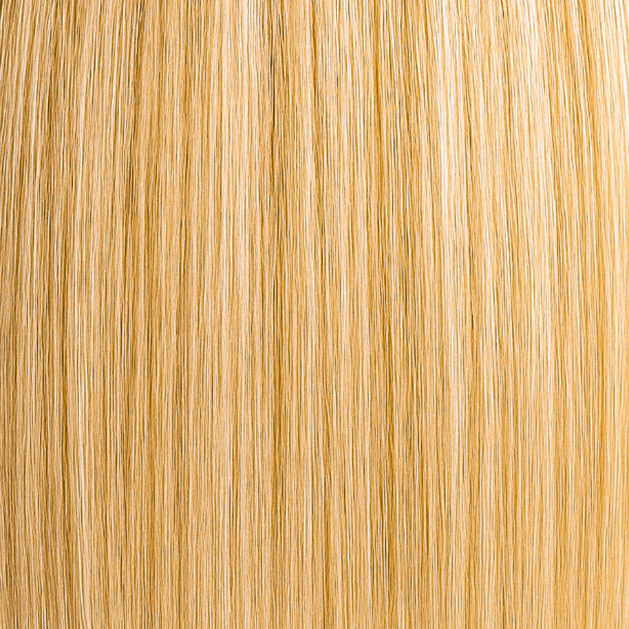 Golden vanilla blonde extension with warm highlights, rich tone 10 and 9.