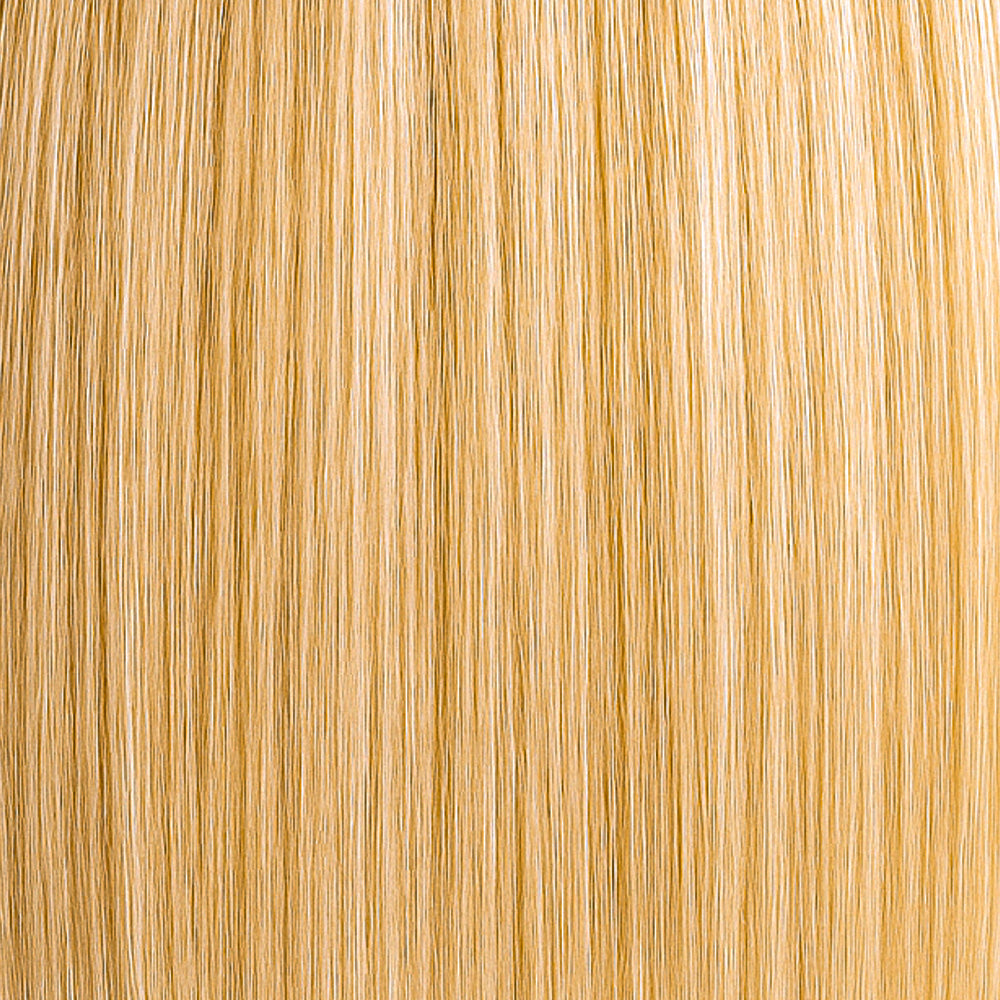 Golden vanilla blonde extension with warm highlights, rich tone 10 and 9.