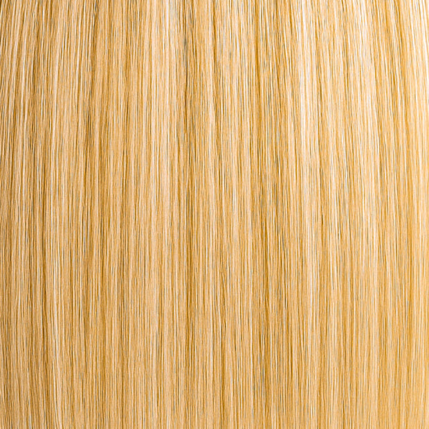 Golden vanilla blonde extension with warm highlights, rich tone 10 and 9.